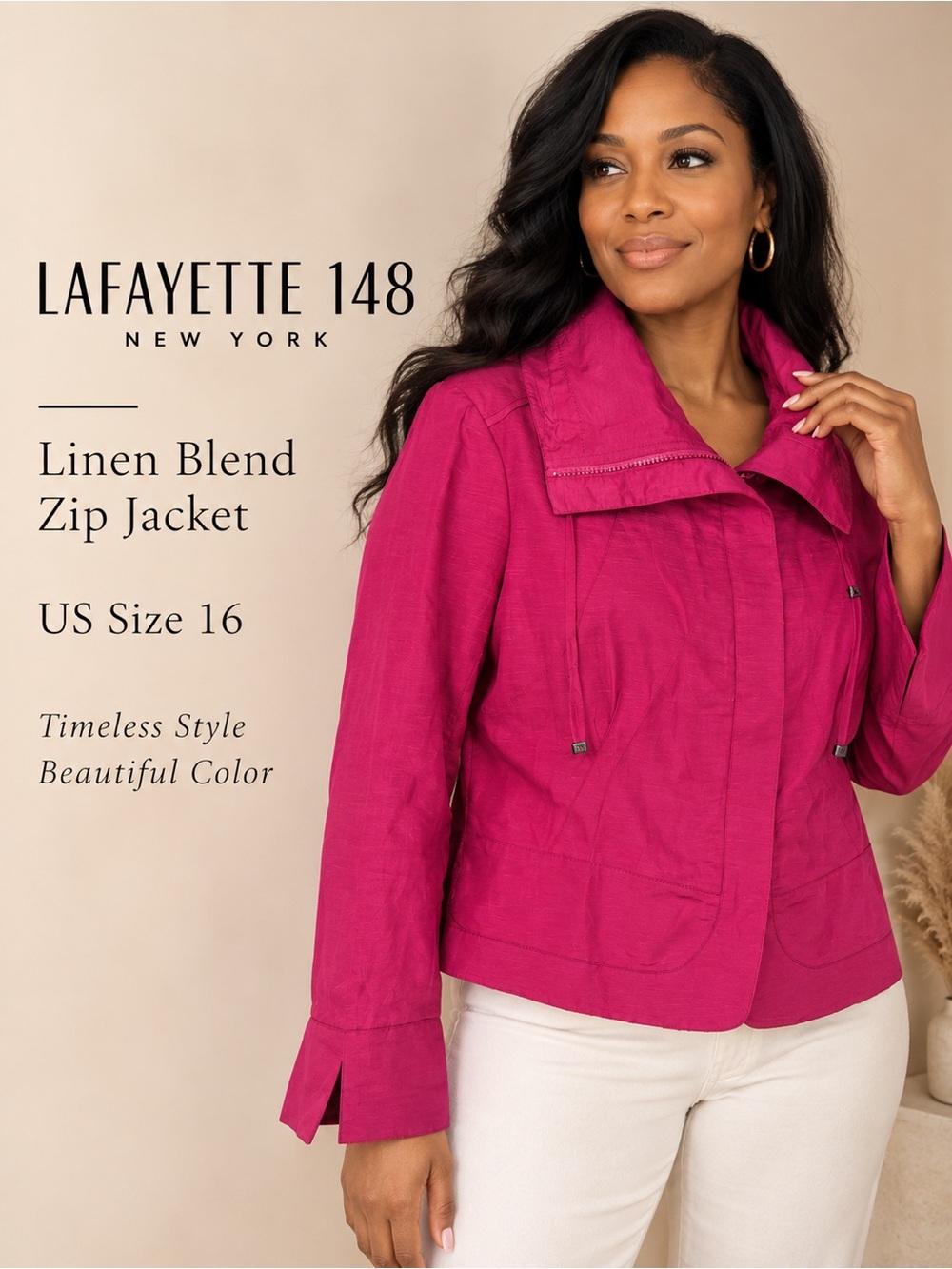 Lafayette 148 New York Fuchsia Linen Blend Zip Jacket Pink Size 16